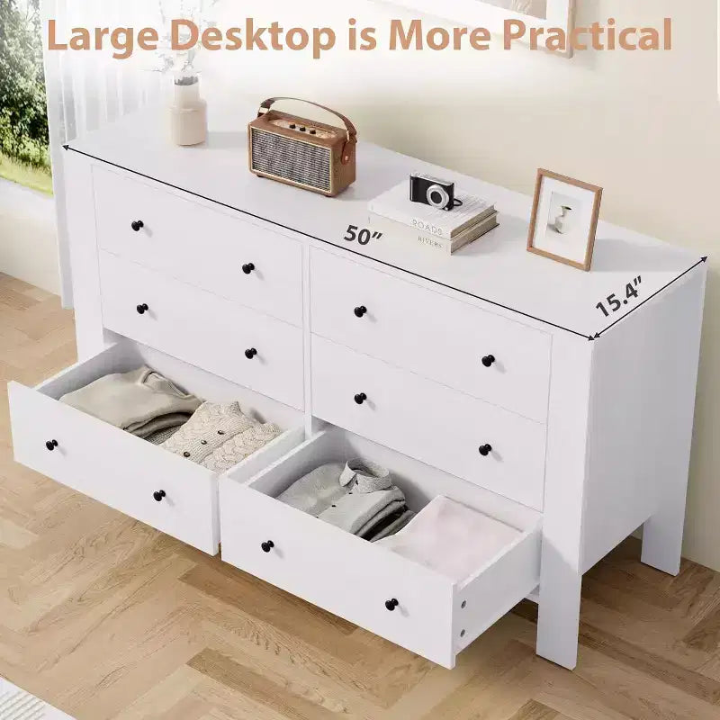 Commode double à 6 tiroirs, Organisateur de rangement moderne en bois pour chambre à coucher et chambre d'enfant