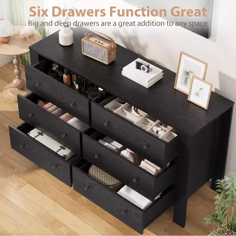 Commode double à 6 tiroirs, Organisateur de rangement moderne en bois pour chambre à coucher et chambre d'enfant