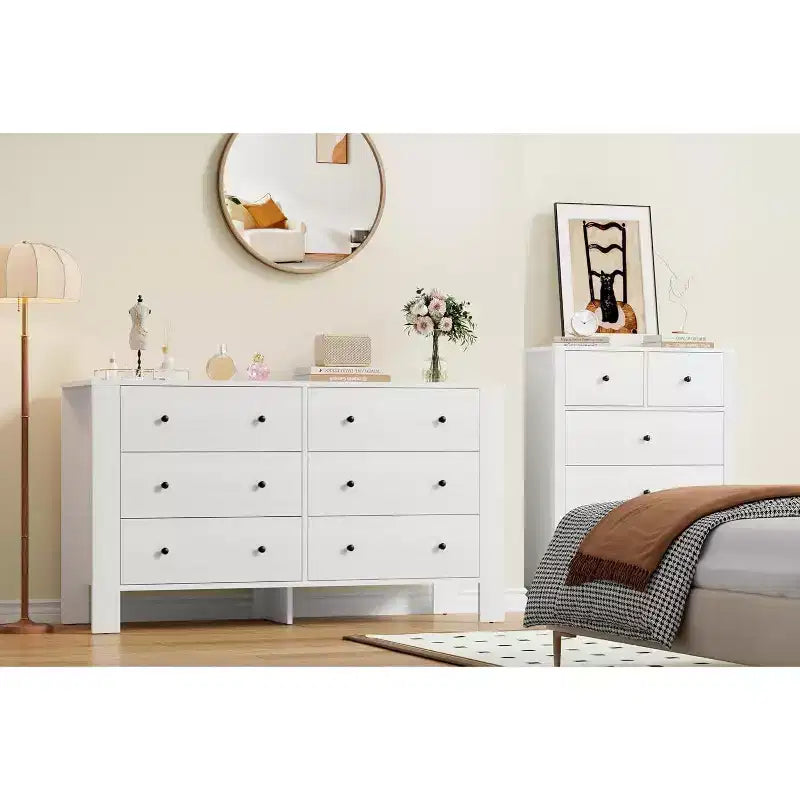 Commode double à 6 tiroirs, Organisateur de rangement moderne en bois pour chambre à coucher et chambre d'enfant