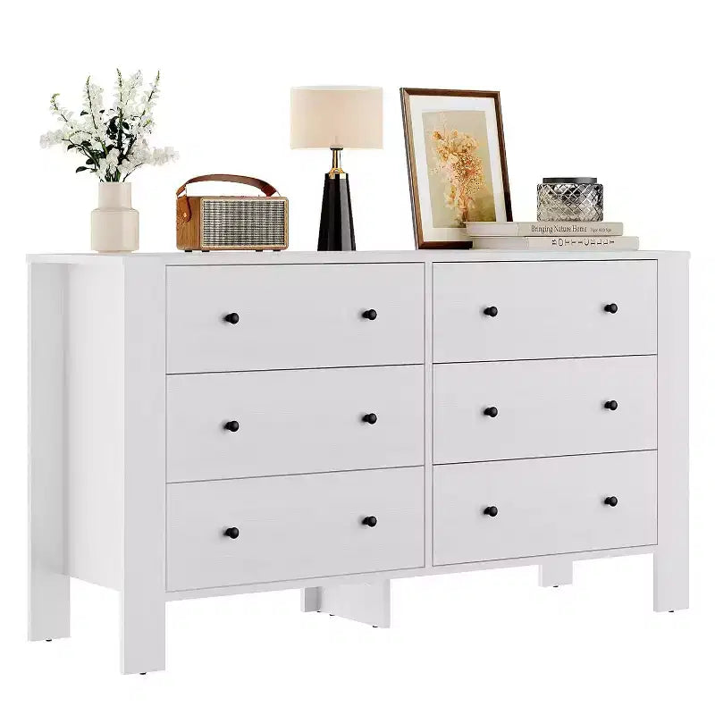 Commode double à 6 tiroirs, Organisateur de rangement moderne en bois pour chambre à coucher et chambre d'enfant