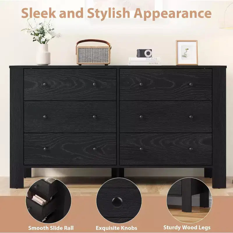 Commode double à 6 tiroirs, Organisateur de rangement moderne en bois pour chambre à coucher et chambre d'enfant