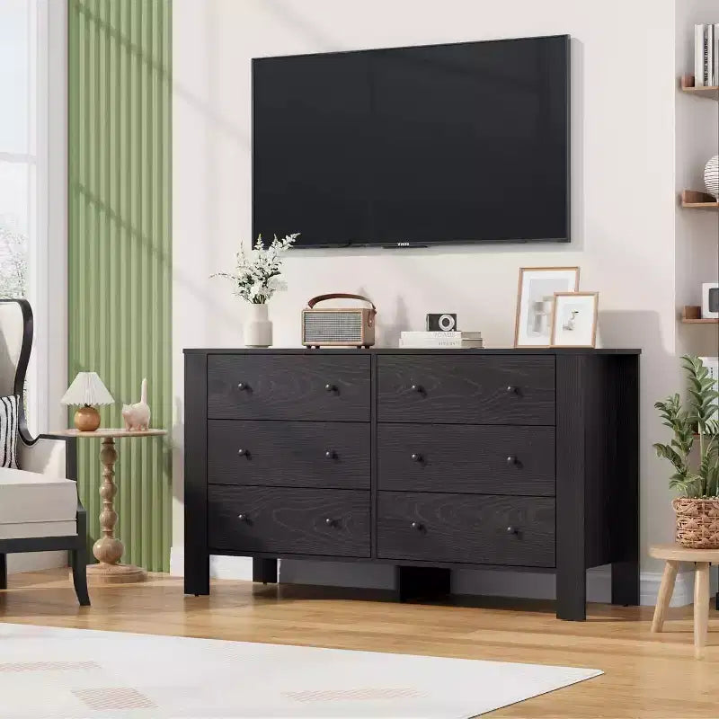 Commode double à 6 tiroirs, Organisateur de rangement moderne en bois pour chambre à coucher et chambre d'enfant