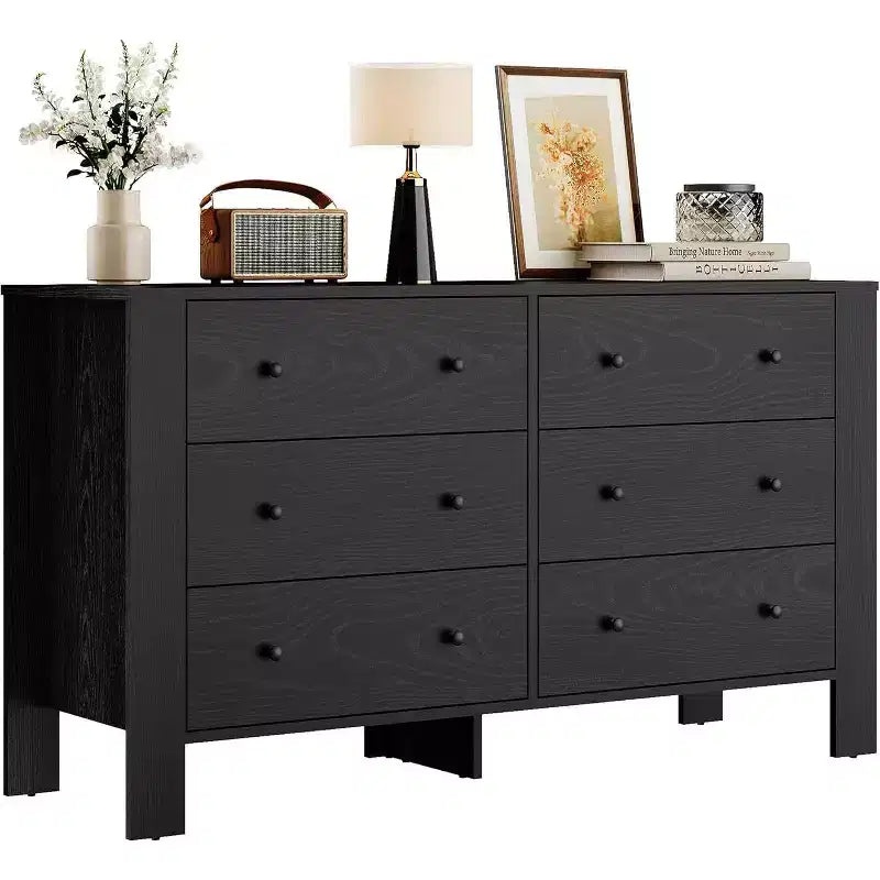 Commode double à 6 tiroirs, Organisateur de rangement moderne en bois pour chambre à coucher et chambre d'enfant