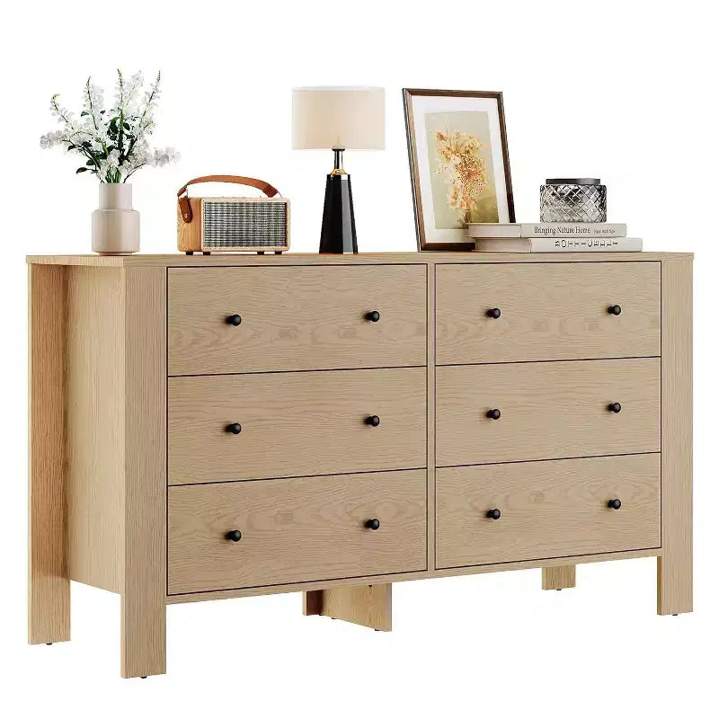 Commode double à 6 tiroirs, Organisateur de rangement moderne en bois pour chambre à coucher et chambre d'enfant