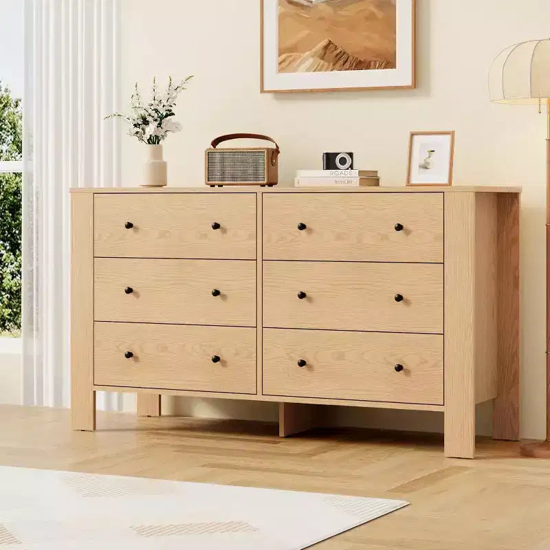 Commode double à 6 tiroirs, Organisateur de rangement moderne en bois pour chambre à coucher et chambre d'enfant