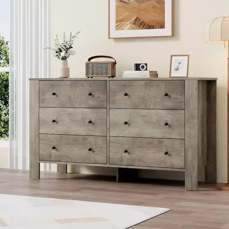 Commode double à 6 tiroirs, Organisateur de rangement moderne en bois pour chambre à coucher et chambre d'enfant