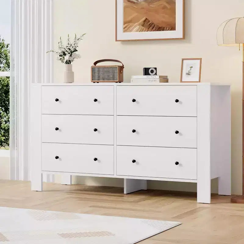 Commode double à 6 tiroirs, Organisateur de rangement moderne en bois pour chambre à coucher et chambre d'enfant
