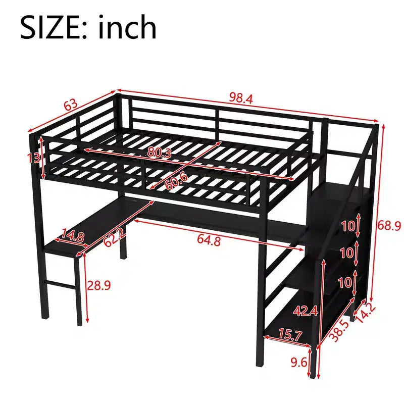 Lit superposé mezzanine en métal surélevé avec bureau en L, USB, armoire et LED, pour adultes, adolescents et enfants