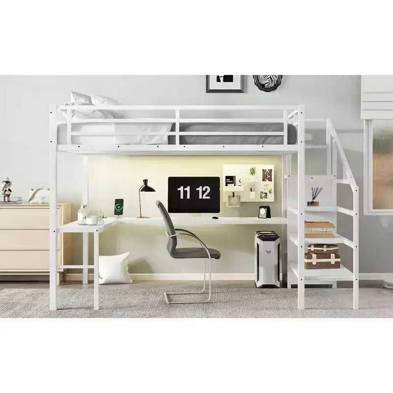 Lit superposé mezzanine en métal surélevé avec bureau en L, USB, armoire et LED, pour adultes, adolescents et enfants