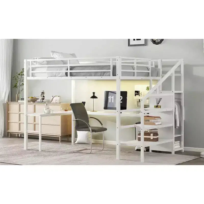 Lit superposé mezzanine en métal surélevé avec bureau en L, USB, armoire et LED, pour adultes, adolescents et enfants