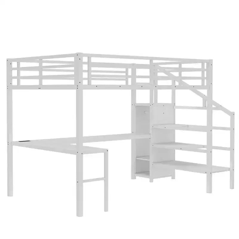Lit superposé mezzanine en métal surélevé avec bureau en L, USB, armoire et LED, pour adultes, adolescents et enfants