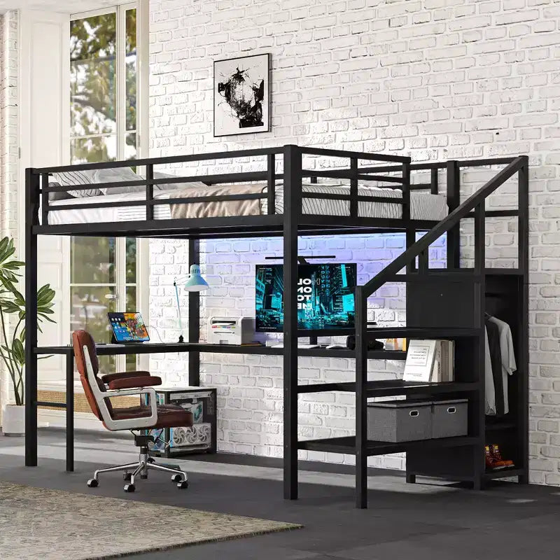 Lit superposé mezzanine en métal surélevé avec bureau en L, USB, armoire et LED, pour adultes, adolescents et enfants