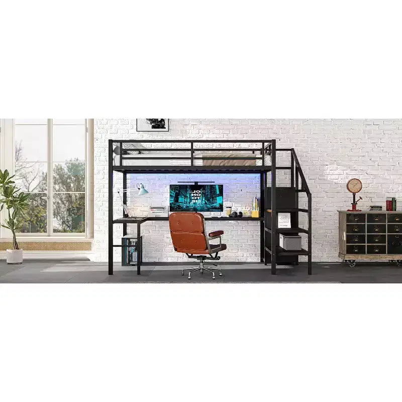 Lit superposé mezzanine en métal surélevé avec bureau en L, USB, armoire et LED, pour adultes, adolescents et enfants