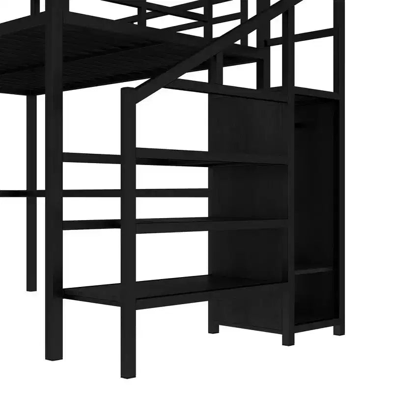 Lit superposé mezzanine en métal surélevé avec bureau en L, USB, armoire et LED, pour adultes, adolescents et enfants