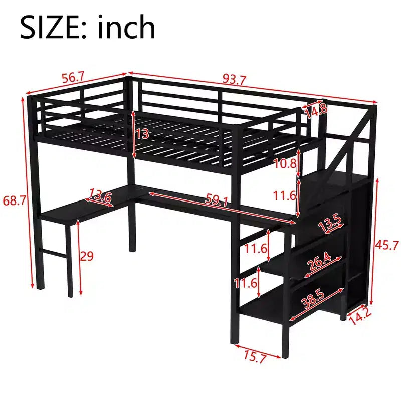Lit superposé mezzanine en métal surélevé avec bureau en L, USB, armoire et LED, pour adultes, adolescents et enfants