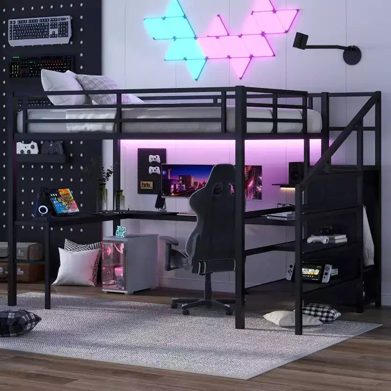 Lit superposé mezzanine en métal surélevé avec bureau en L, USB, armoire et LED, pour adultes, adolescents et enfants