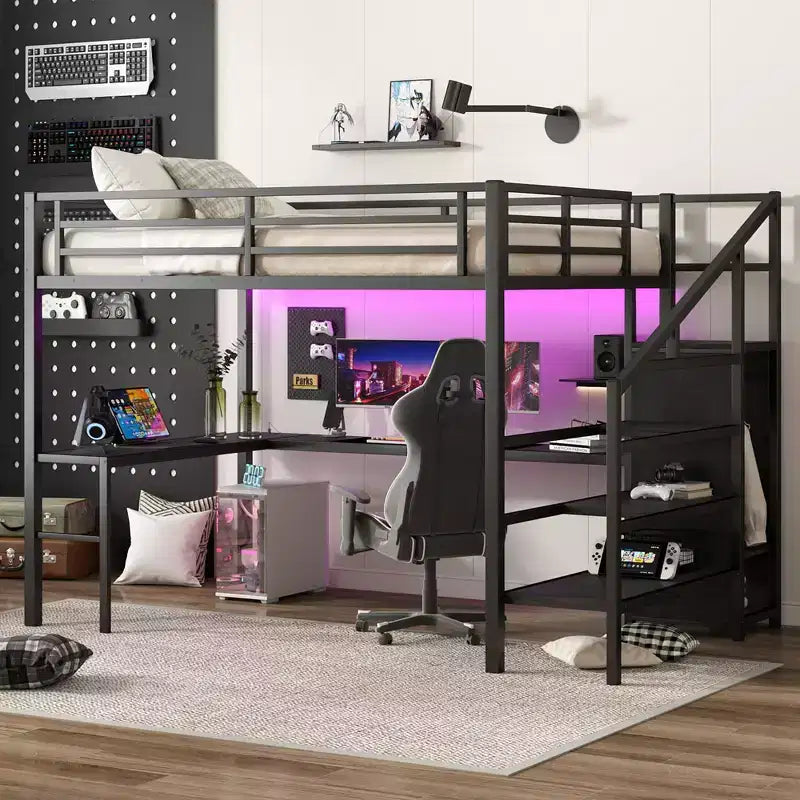 Lit superposé mezzanine en métal surélevé avec bureau en L, USB, armoire et LED, pour adultes, adolescents et enfants