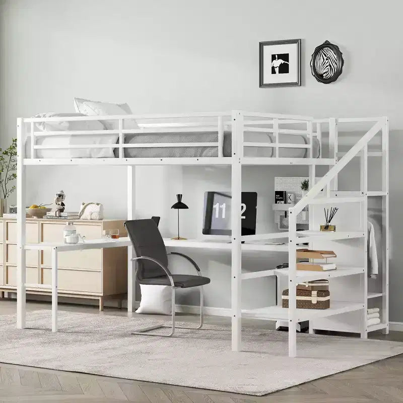 Lit superposé mezzanine en métal surélevé avec bureau en L, USB, armoire et LED, pour adultes, adolescents et enfants