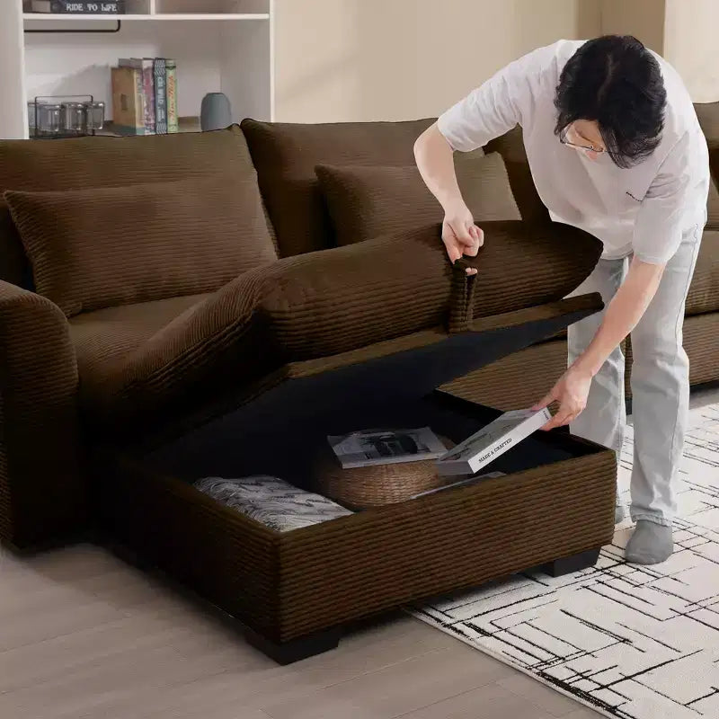 Banc de rangement ottoman carré en velours côtelé avec rangement caché, repose-pieds rembourré