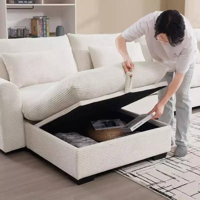 Banc de rangement ottoman carré en velours côtelé avec rangement caché, repose-pieds rembourré