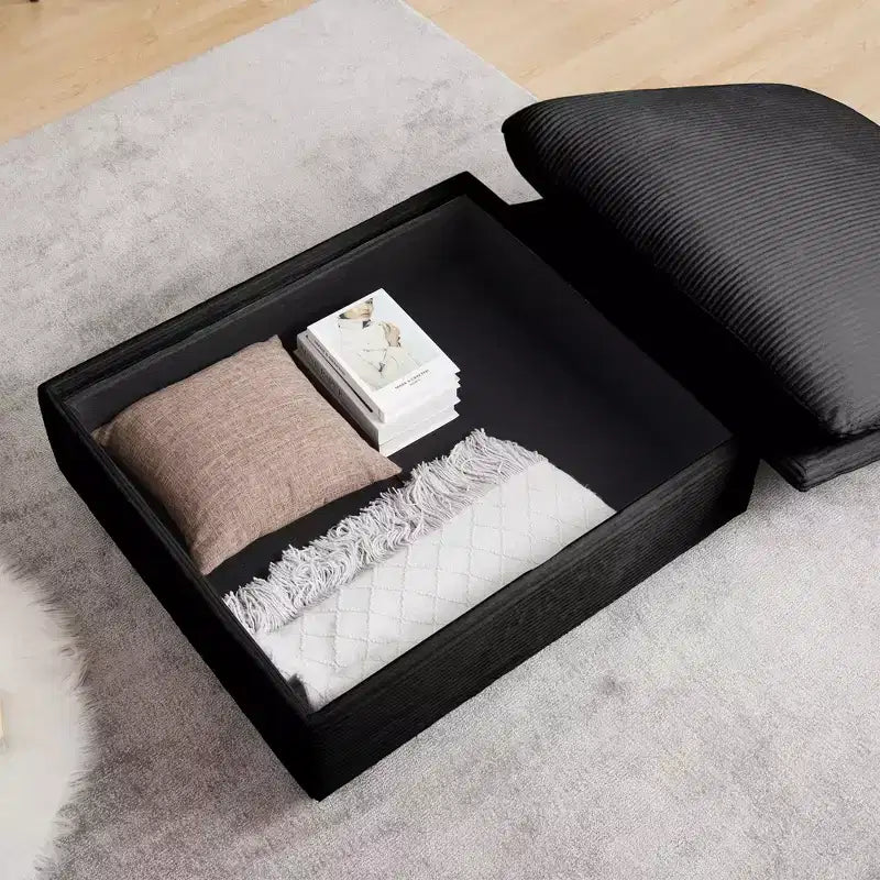 Banc de rangement ottoman carré en velours côtelé avec rangement caché, repose-pieds rembourré