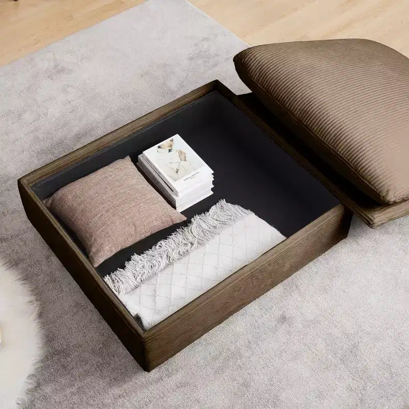 Banc de rangement ottoman carré en velours côtelé avec rangement caché, repose-pieds rembourré