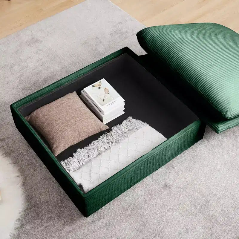 Banc de rangement ottoman carré en velours côtelé avec rangement caché, repose-pieds rembourré