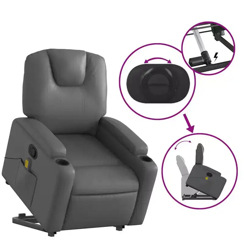Fauteuil inclinable de massage Power Lift, en similicuir avec porte-gobelets, gris
