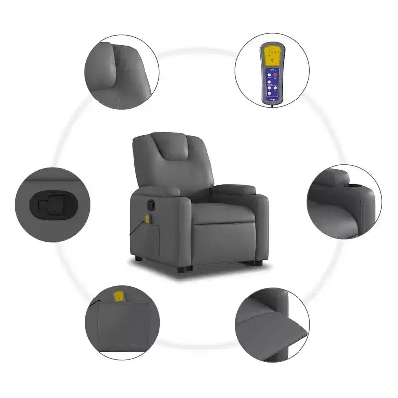 Fauteuil inclinable de massage Power Lift, en similicuir avec porte-gobelets, gris