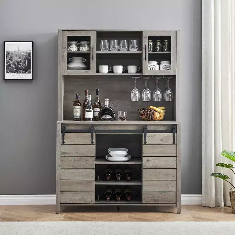 Meuble de bar à café de style ferme de 178 cm avec portes coulissantes et porte-bouteilles, gris