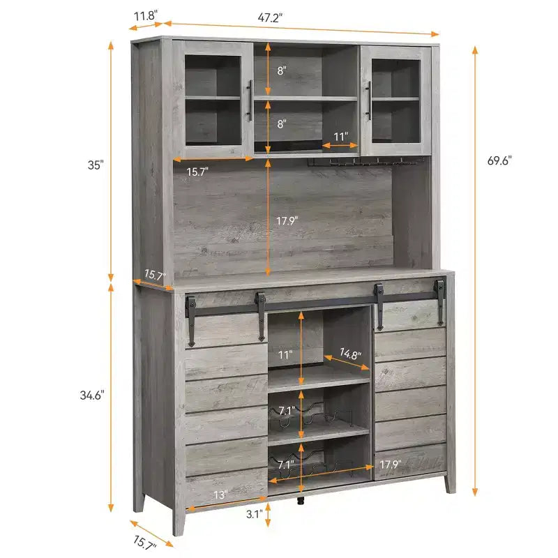 Meuble de bar à café de style ferme de 178 cm avec portes coulissantes et porte-bouteilles, gris