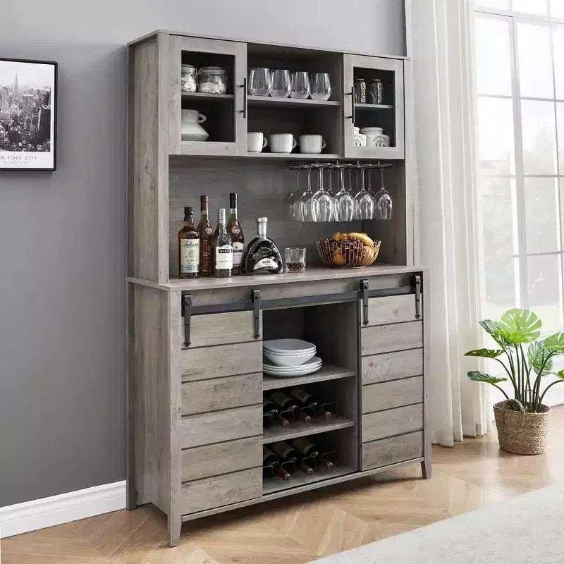 Meuble de bar à café de style ferme de 178 cm avec portes coulissantes et porte-bouteilles, gris