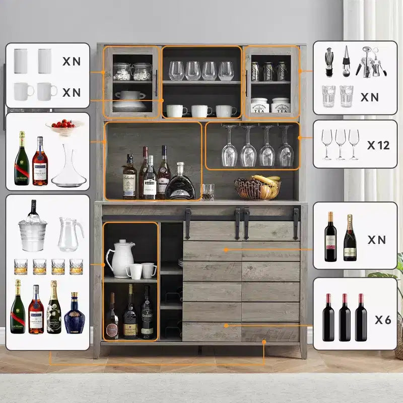Meuble de bar à café de style ferme de 178 cm avec portes coulissantes et porte-bouteilles, gris