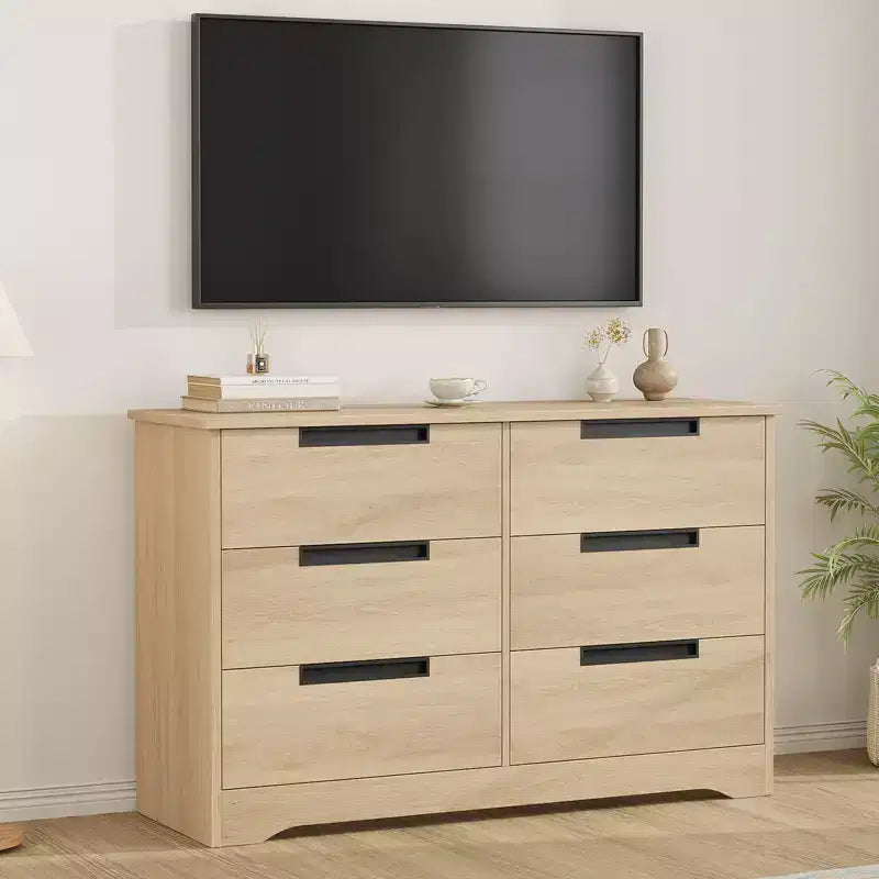 Commode à 6 tiroirs pour chambre à coucher, Organisateur double commode naturel avec poignées encastrées, Commode en bois pour salon, chambre d'enfant ou couloir