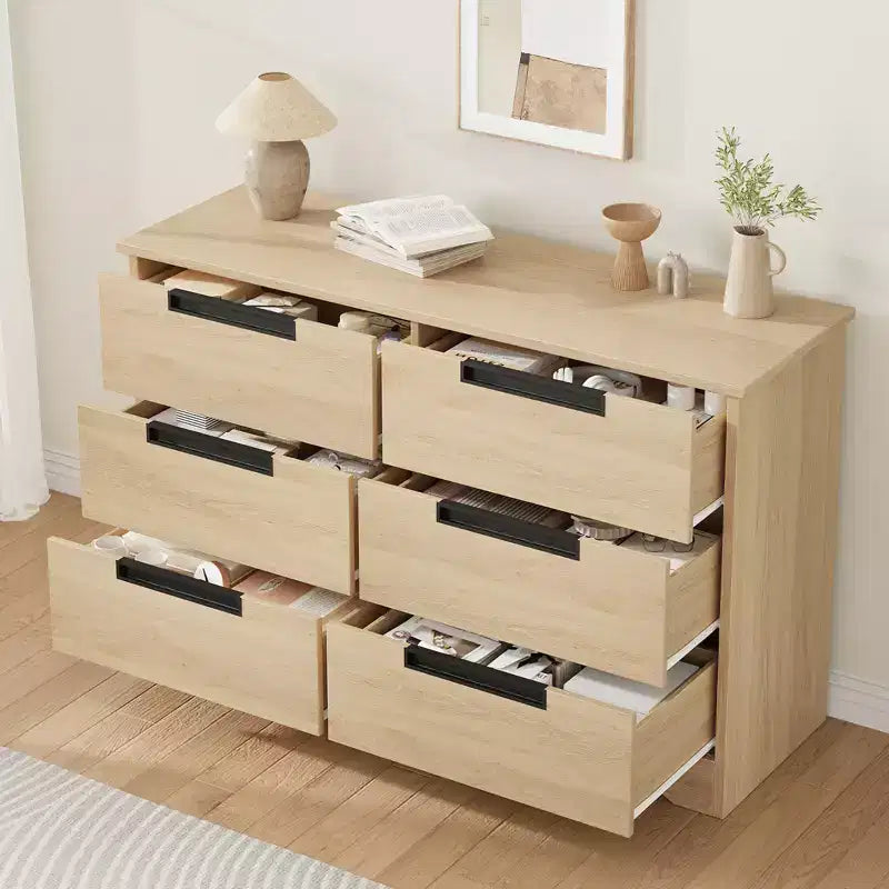 Commode à 6 tiroirs pour chambre à coucher, Organisateur double commode naturel avec poignées encastrées, Commode en bois pour salon, chambre d'enfant ou couloir