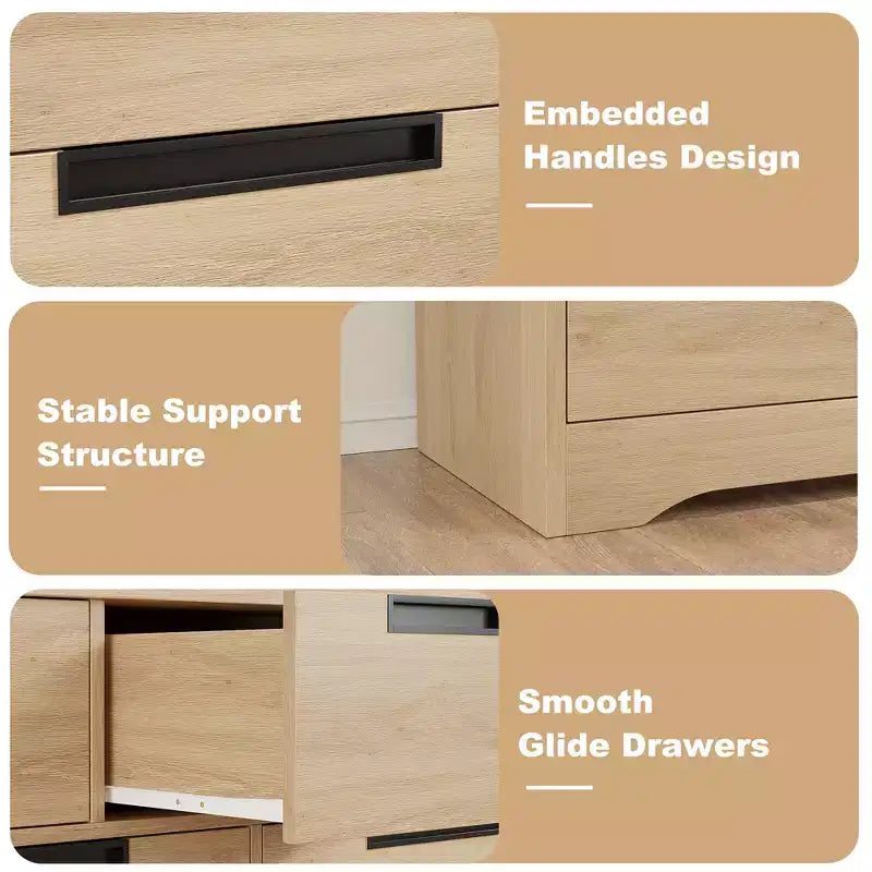 Commode à 6 tiroirs pour chambre à coucher, Organisateur double commode naturel avec poignées encastrées, Commode en bois pour salon, chambre d'enfant ou couloir