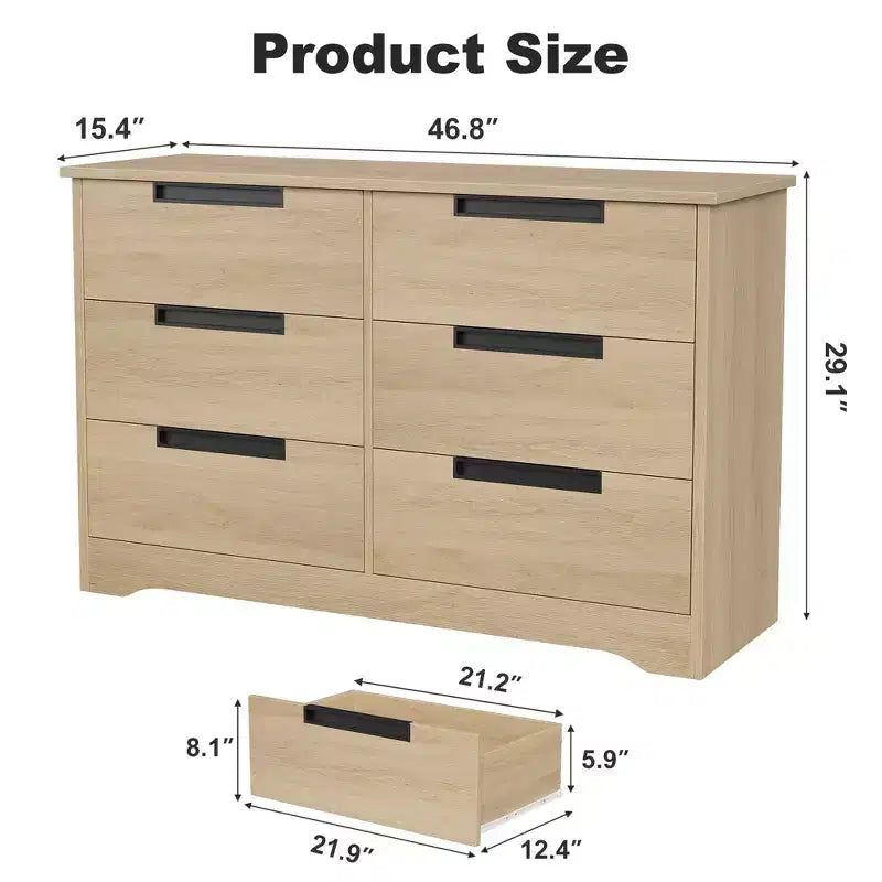 Commode à 6 tiroirs pour chambre à coucher, Organisateur double commode naturel avec poignées encastrées, Commode en bois pour salon, chambre d'enfant ou couloir