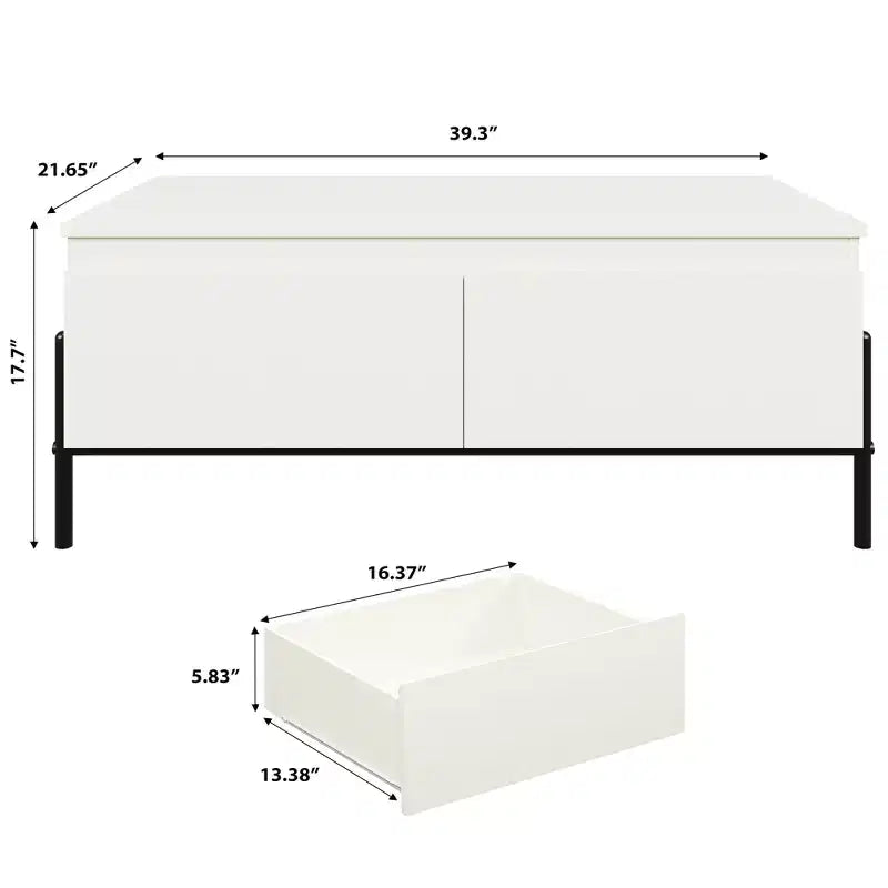 Table basse avec 2 tiroirs sans poignée et étagère ouverte, Blanc