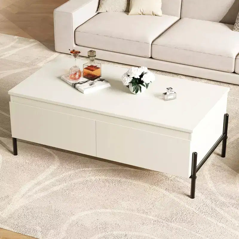 Table basse avec 2 tiroirs sans poignée et étagère ouverte, Blanc