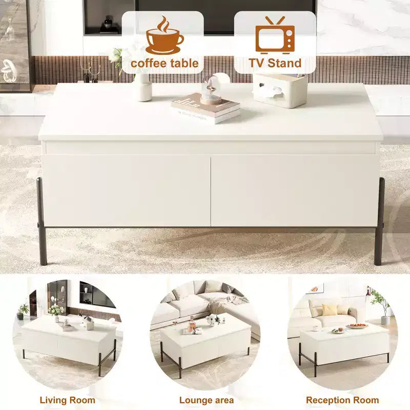 Table basse avec 2 tiroirs sans poignée et étagère ouverte, Blanc