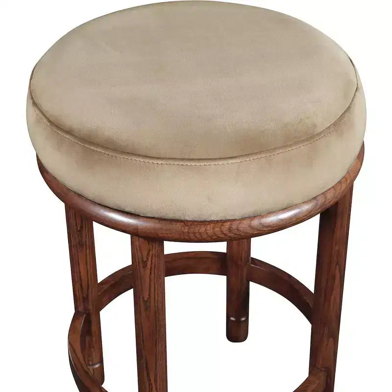Tabouret de comptoir en velours beige, pieds en bois de frêne brun noyer