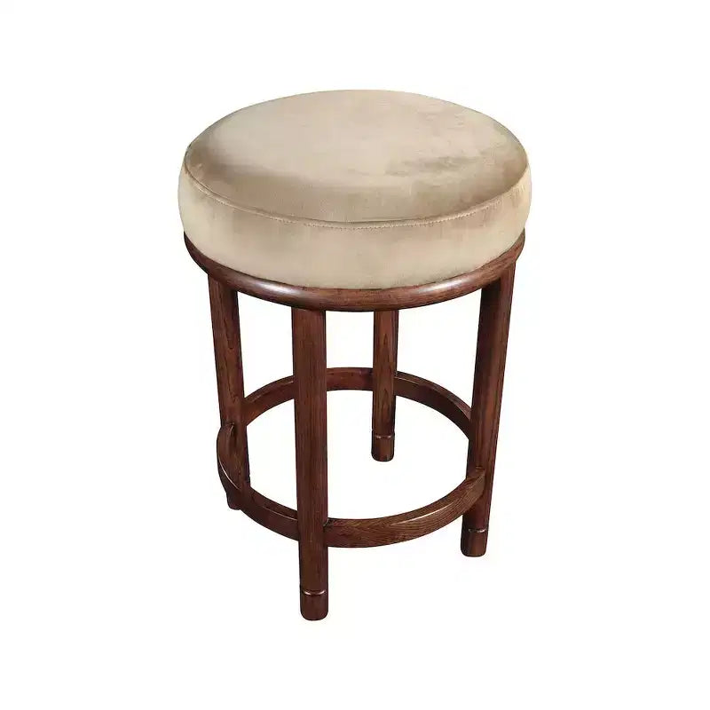 Tabouret de comptoir en velours beige, pieds en bois de frêne brun noyer