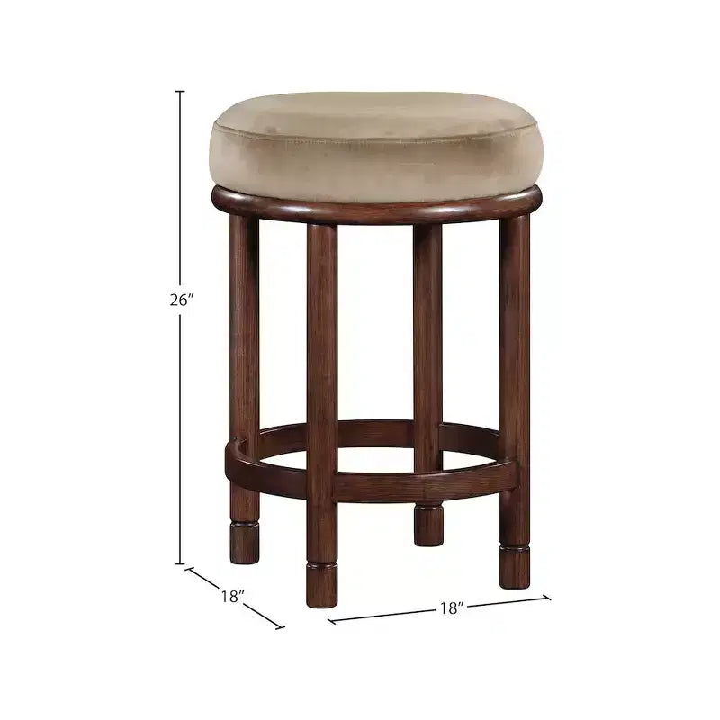 Tabouret de comptoir en velours beige, pieds en bois de frêne brun noyer