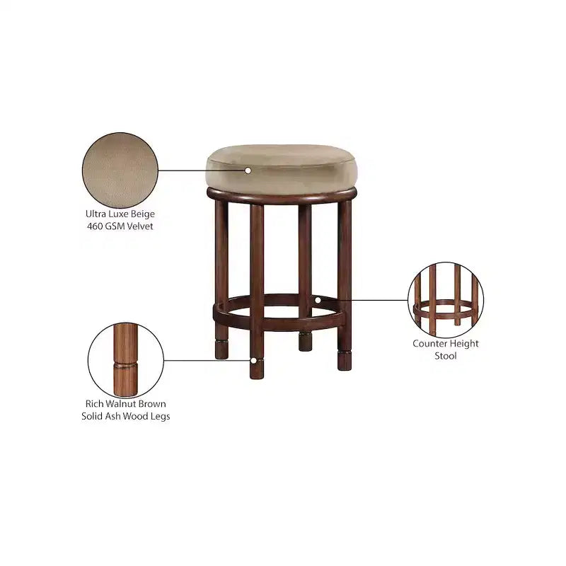 Tabouret de comptoir en velours beige, pieds en bois de frêne brun noyer