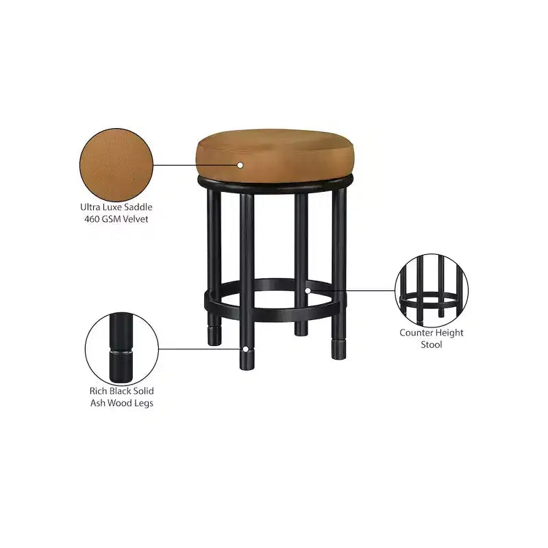 Tabouret de comptoir en velours Selle, pieds en bois de frêne noir
