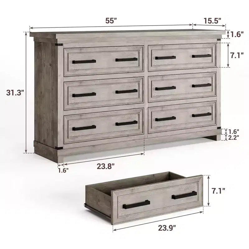 Commode de ferme à 6 tiroirs, commode rustique en bois de 55" avec poignées faciles à tirer