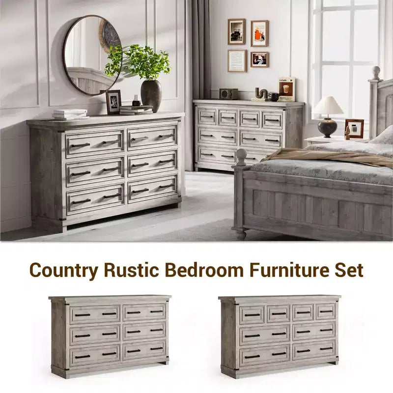Commode de ferme à 6 tiroirs, commode rustique en bois de 55" avec poignées faciles à tirer