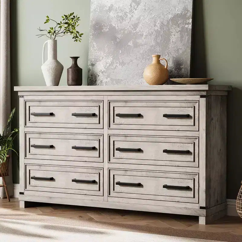 Commode de ferme à 6 tiroirs, commode rustique en bois de 55" avec poignées faciles à tirer