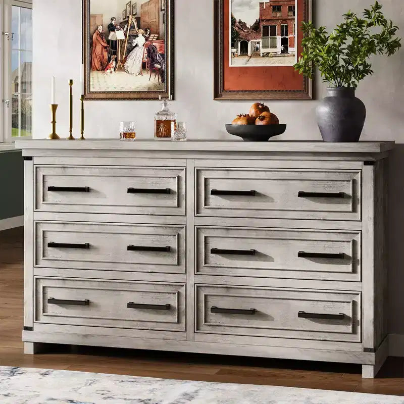 Commode de ferme à 6 tiroirs, commode rustique en bois de 55" avec poignées faciles à tirer