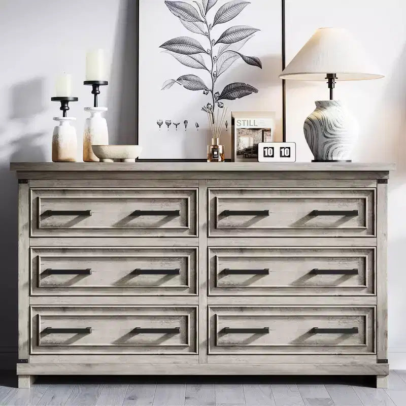 Commode de ferme à 6 tiroirs, commode rustique en bois de 55" avec poignées faciles à tirer